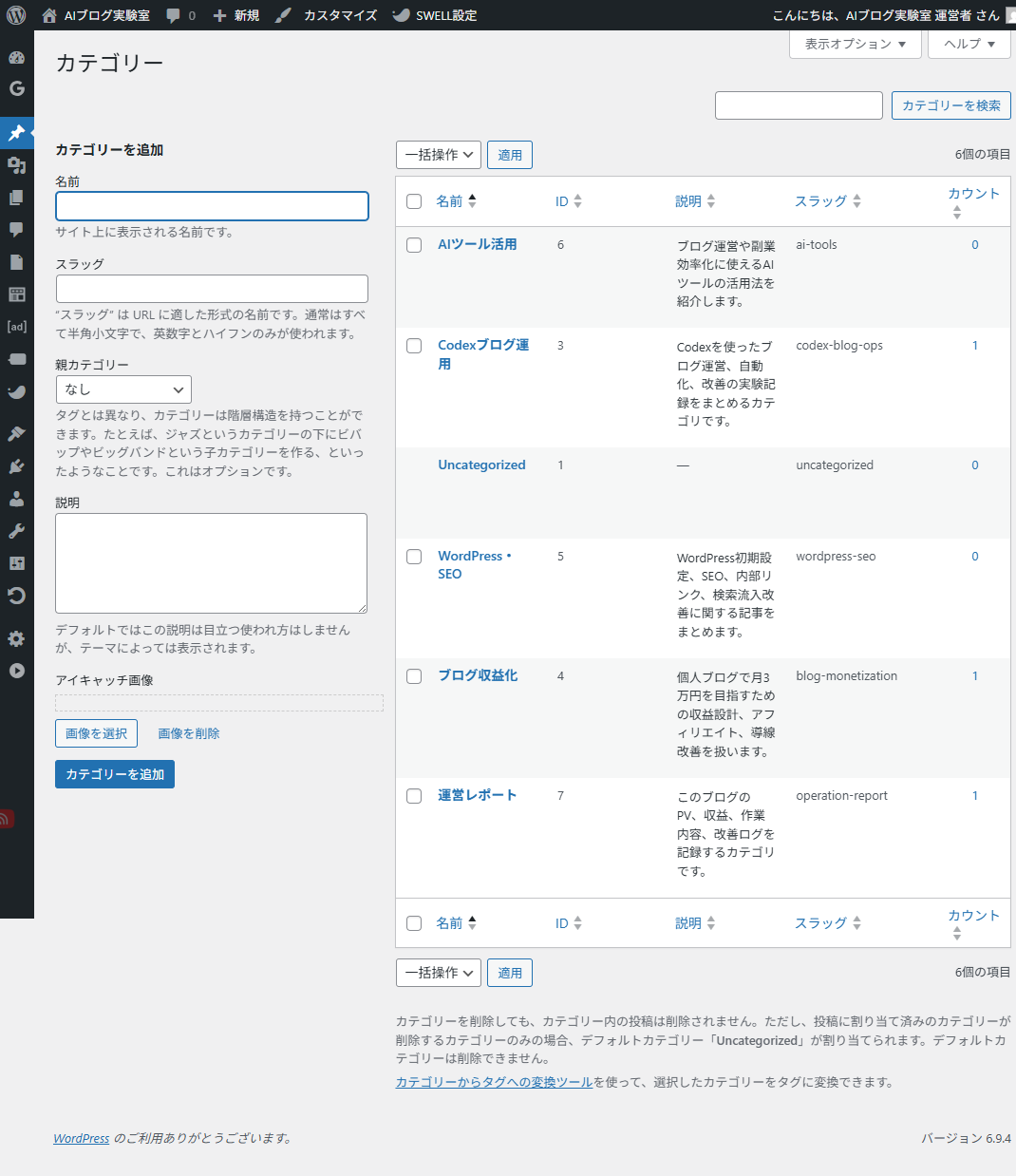 WordPressのカテゴリー設定で記事分類を確認する例