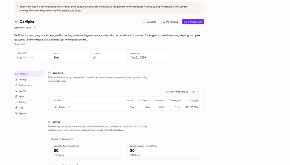OpenRouterのOx Alpha公式モデルページに保持方針、Free、1M、公開日が表示されている画面