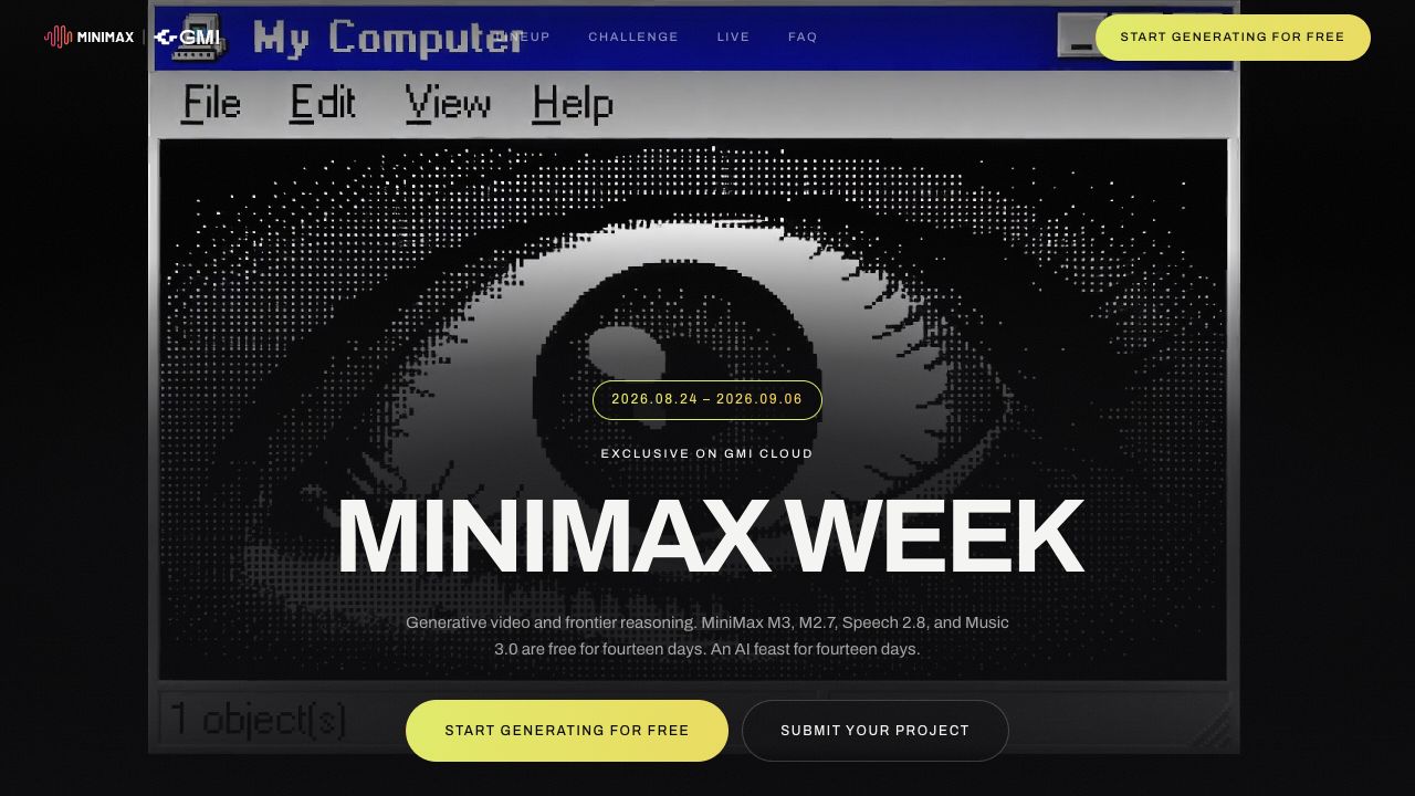 GMI Cloud MiniMax Week公式ページの期間と無料開始ボタン