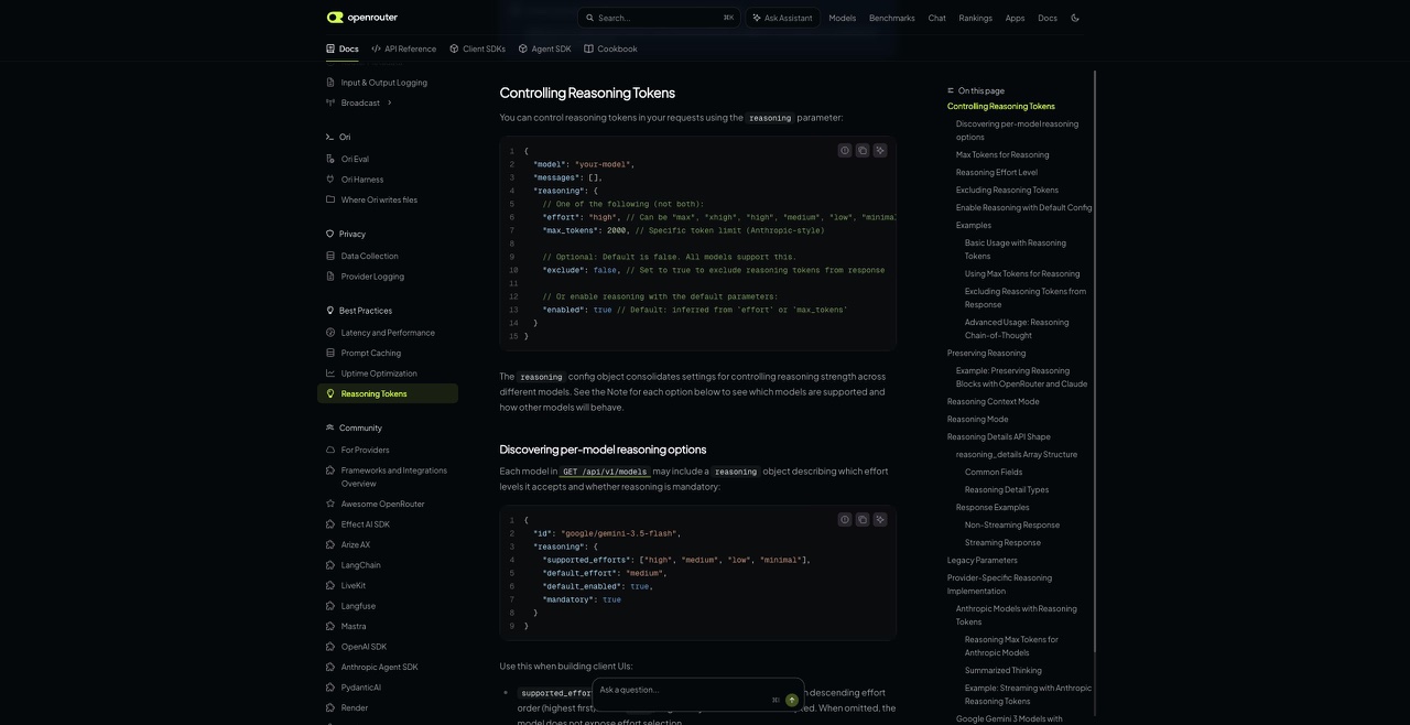 OpenRouter公式Reasoning Tokensドキュメントでeffortとexcludeが説明されている画面