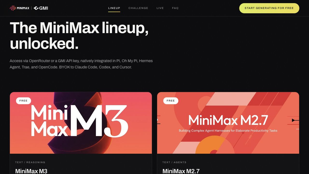 GMI Cloud公式ページに並ぶMiniMax M3とM2.7の無料対象カード