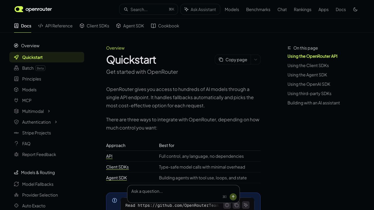 OpenRouter QuickstartでAPI、Client SDK、Agent SDKの選択肢が説明されている画面