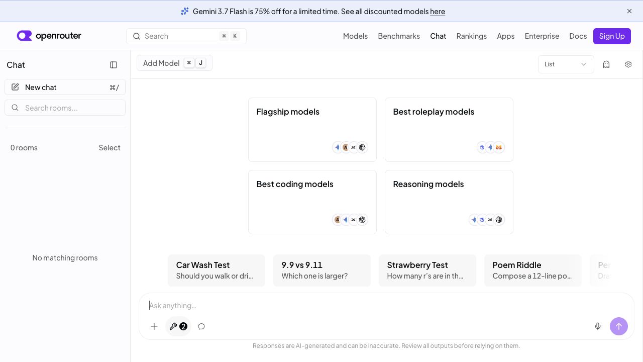 OpenRouter Chatの初期画面にAdd Modelと入力欄が表示されている画面