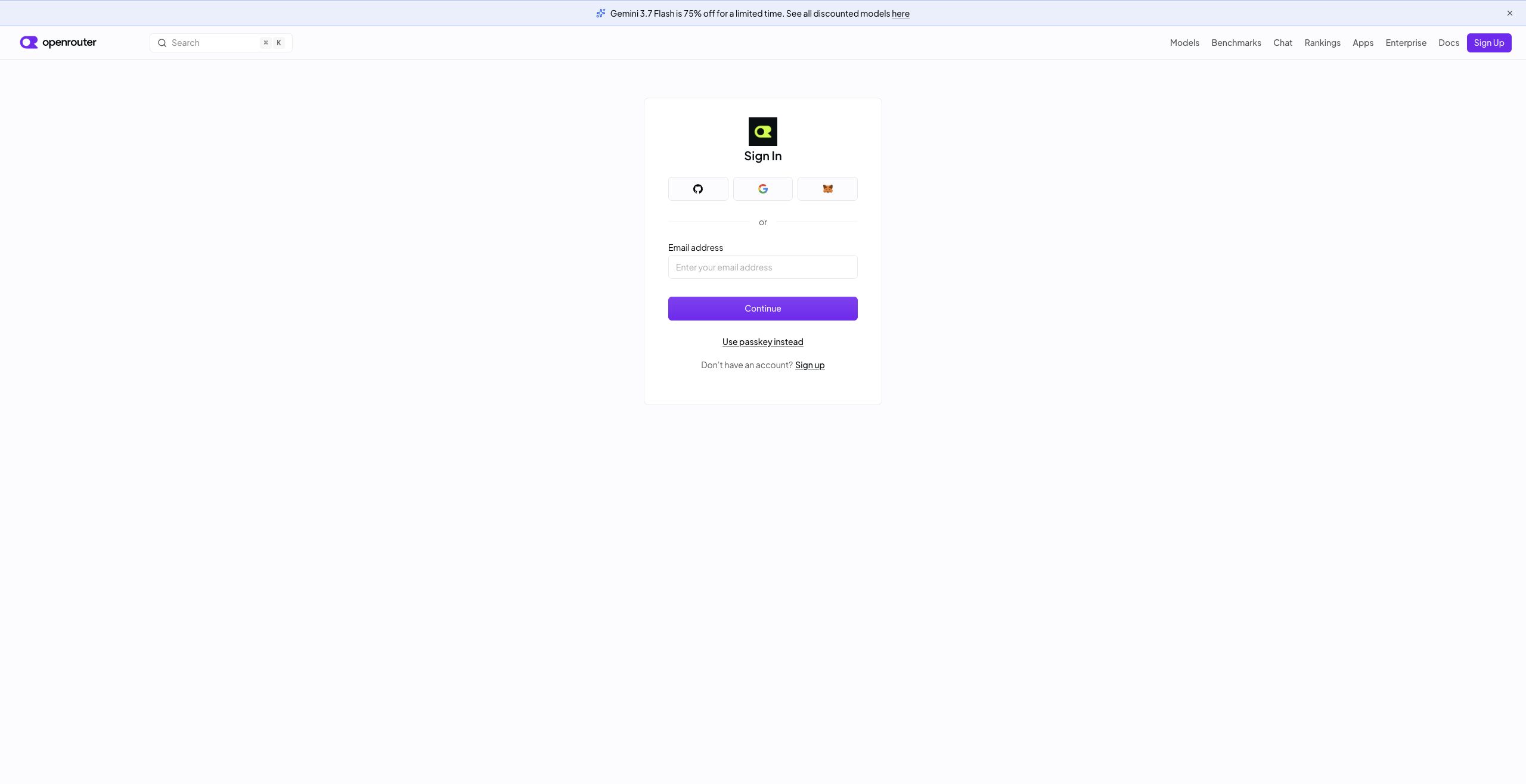 OpenRouterのサインイン画面でGitHub、Google、MetaMask、メールを選べる画面