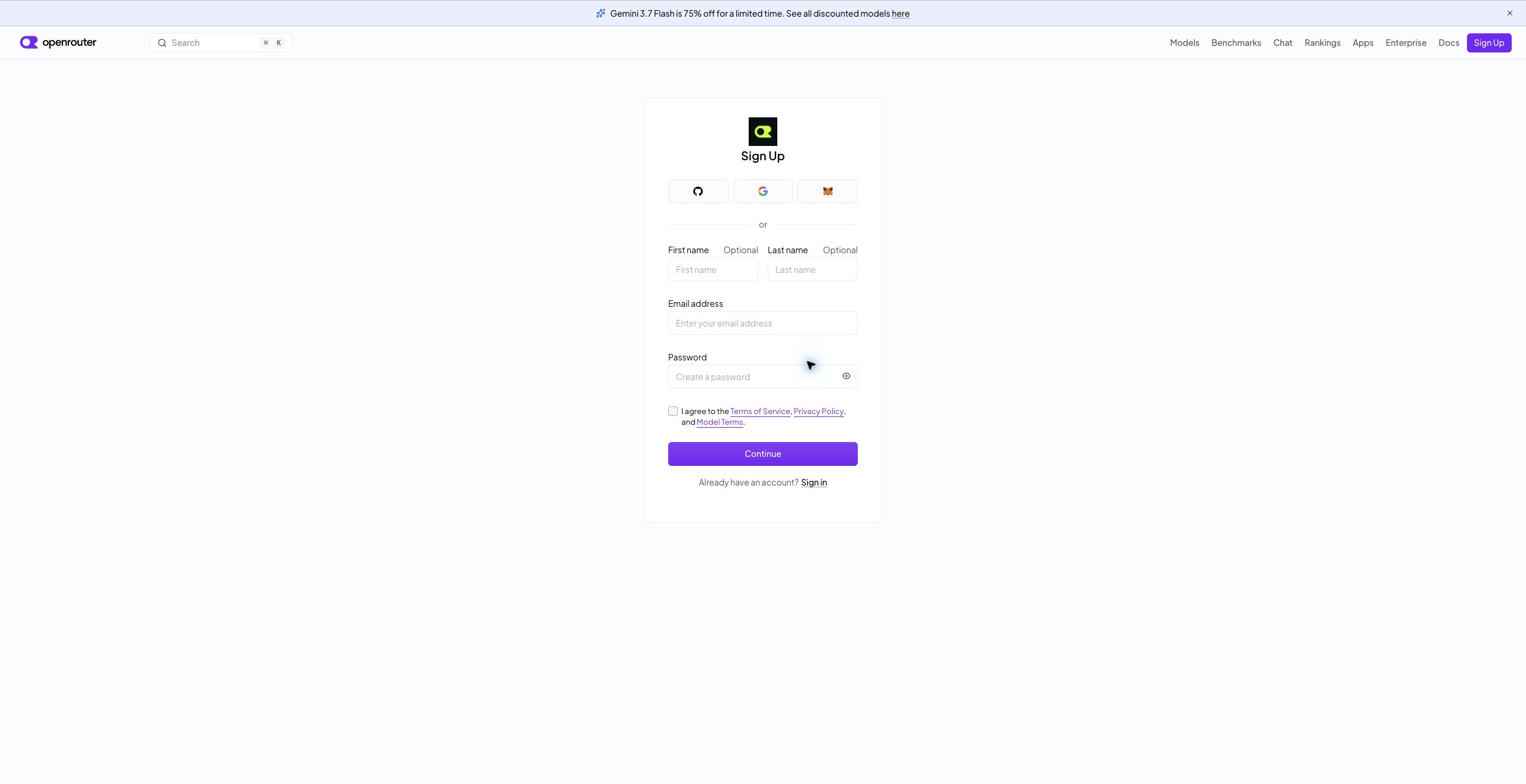 OpenRouterの新規登録画面に外部アカウントとメール登録欄が表示されている画面
