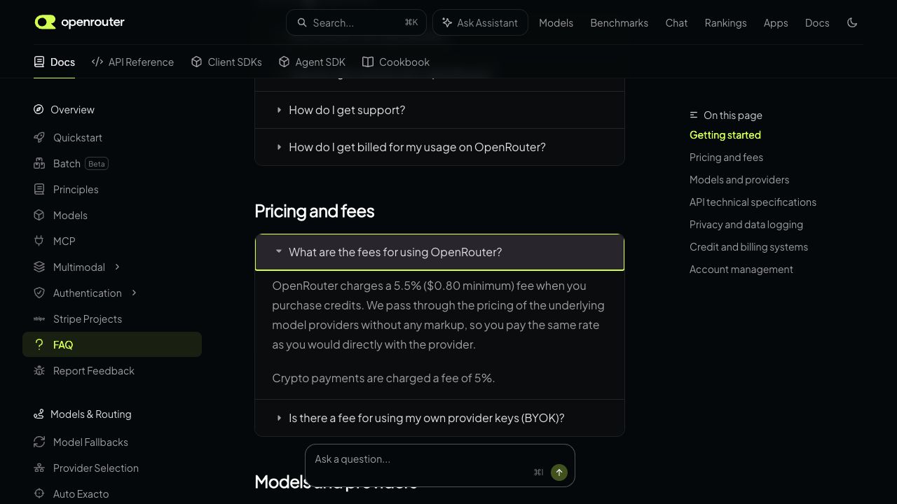 OpenRouter公式FAQでクレジット購入手数料が説明されている画面