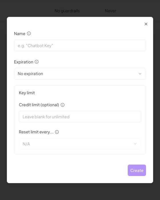 OpenRouterのCreate API Keyダイアログに名前、期限、利用上限が表示されている画面