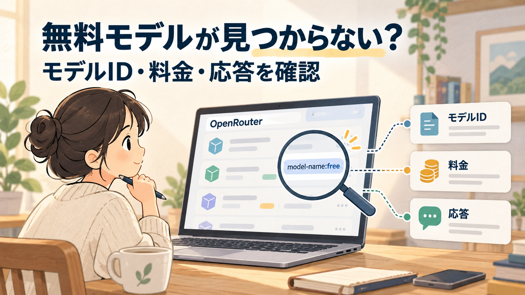 無料モデルが見つからないときに、モデルID・料金・応答の3点を確かめる考え方を表したイラスト